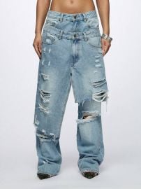 Plus Size Loose Fit Distressed Layered Wide Leg Jeans, Fashionable Streetwear, Suitable For Casual, Holiday And Daily Wear, Autumn/Winter | SHEIN USA at Shein